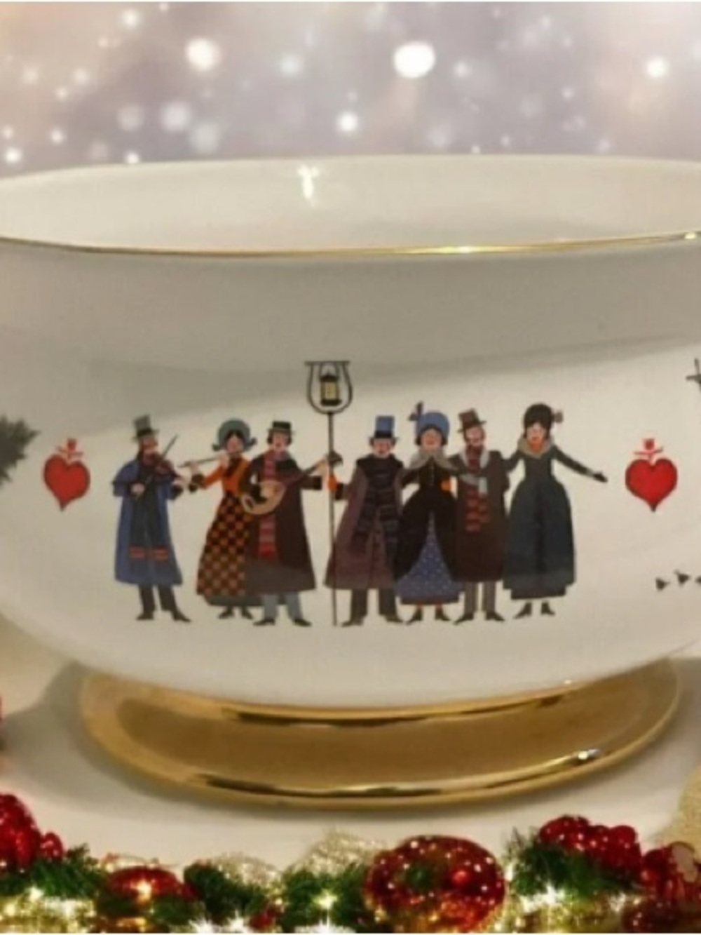 Porcelain Holiday Carolers Serving Bowl with Gold Trim - White